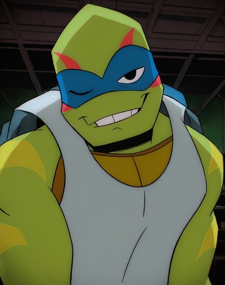 score_9, score_8_up, score_7_up, smooth lines, countershading, soft shading, 2d, extreme detail, 4K, high definition, high resolution,  <lora:rottmnt8:0.8>, 1boy, solo, Leo, green skin, turtle, mask, white sleeveless shirt, suggestive, confident, seductive, looking at viewer, upper body, wink, indoors,