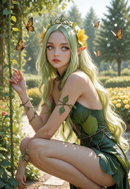  impressionism (1.5), perfect eyes, high detail, depth of field, (blurred background), (dramatic lighting),masterpiece, best quality,((asd123)),very aesthetic,8k,  (( neon green-yellow)),

 1girl, solo, elf, pointy ears, light green hair, very long hair, wavy hair, flower tiara, floral hair ornament, colorful flowers, thick eyebrows, green eyebrows, dark green eyes, detailed eyes, brown eyeshadow, eyeshadow under eye, red lips, parted lips,
leaf dress, vine straps, bare thighs, vines around arm, intricate pattern, intricate details, crouching, vines, too many butterflies,  flowers, garden, trees, bokeh, blurry background, depth of field, 
natural lighting, outdoors lighting, sunny, 
side view, facing to the side, looking to the side,    
masterpiece,best quality,amazing quality,very aesthetic,absurdres,newest, anime coloring
 <lora:MGE_V5.3:0.5> <lora:mon_monmon2133:0.5> <lora:ppw_v7_animv4_1_r2:0.3> <lora:noobai_ep11_stabilizer_v0.178_fp16:0.3> <lora:ma1ma1helmes_b:0.4> ma1ma1helmes_b_illu,sketch