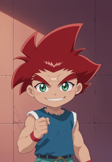 score_9, score_7_up, source_anime

DaichiSumeragi, 1boy, male child, male focus, solo, green eyes, red hair, spiked hair, scar, scar on forehead, shirt, blue shirt, smile

outdoor, 