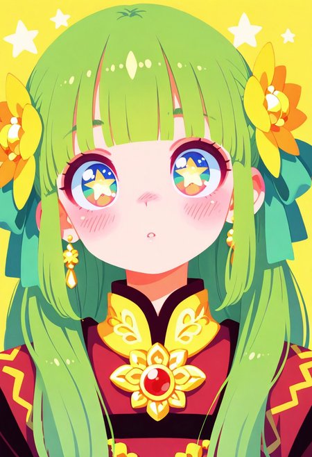masterpiece,best quality,amazing quality, 1girl, solo, long hair, blue-green eyes, green hair, multicolored eyes, looking at viewer, 80s, retro, blush, parted lips, hair ornament, bow, jewelry, hair bow, earrings, blunt bangs, star \(symbol\), star-shaped pupils, symbol in eye, star in eye, close-up,portrait, eye focus, Colorful themes,High Saturation, haiz_ai, no lineart,no outline, <lora:ponyv6_noobE11_2_adamW-000017:0.3> <lora:MeMaXL4:0.8> <lora:veluflora-wai:0.35> <lora:haiz_ai_illu:0.7>