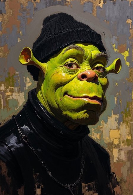 oil painting of a shrek with wearing a black beanie  and wearing a black turtleneck. visible brushstrokes, atmospheric haze, low key, moody lighting,watercolors,DB4RZ, DB4RZ style painting