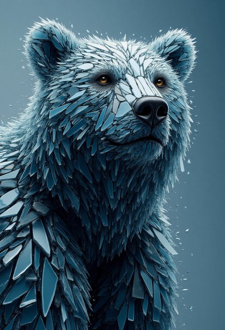 <lora:Glass_Fracture_Former_FLUX-000017:0.9>
This is a digital artwork featuring a stylized, surreal image of a bear made entirely of shattered glass.