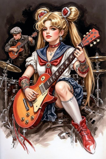 hafisher1 illustration. 
punk sailor moon playing a guitar at a heavy metal mosh pit, tattoos, piercing.
 <lora:hafisher1_cap_d6a3e12:1.0><lora:829843018229154311:0>