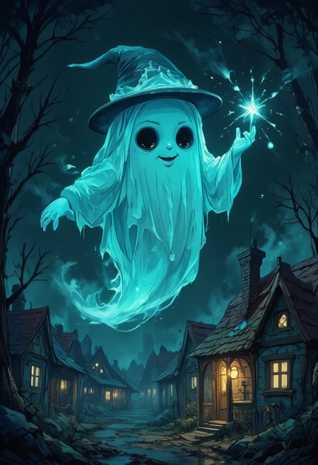 horror show, monster, nightmare, fear, illustration, 
"Imagine a cute, friendly ghost with big round eyes and soft, smooth contours. It glows with a gentle blue light, and its translucent body sways slightly, like a feather in the wind. The ghost looks playful, its smile lights up the night, and it flies around small houses with red roofs and bright windows, not scaring anyone, but causing only affection. It wears a tiny hat and holds in its hands a magic star, radiating sparks of kindness and warmth."