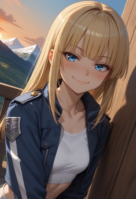 (score_9, score_8_up, score_7_up), 1girl, solo,( blonde hair), blue eyes, long hair, hime cut, long bangs, small breasts, collarbone,  open jacket, white crop top, leather jacket, blue jacket, sunset, leaning on wall, wooden wall, 
( face focus, close-up:1.1),  metal railguard, mountains, 
fisheye, (relaxed, dutch angle:1.2), 
smug, blush