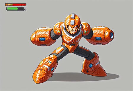 masterpiece, best quality, amazing quality, very aesthetic, high resolution, ultra-detailed, absurdres, 1boy, solo, male focus, humanoid, helmet, armor, arm cannon, orange peel, science fiction, health bar, from side, video game screencap, firing, beam attack, energy weapon,