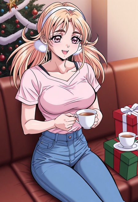 masterpiece, best quality, newest, highres, uncensored, 1girl, yokota mamoru style,1girl,
Yamazaki Kanna，Blonde Hair, Long Hair, Parted to Side, Shoulder-length Hair, Twin Tails, Tareme eyes,pink eyes, Slim1girl, solo, christmas tree, cup, gift, christmas, long hair, hairband, gift box, box, teacup, sitting, smile, open mouth，blue jeans