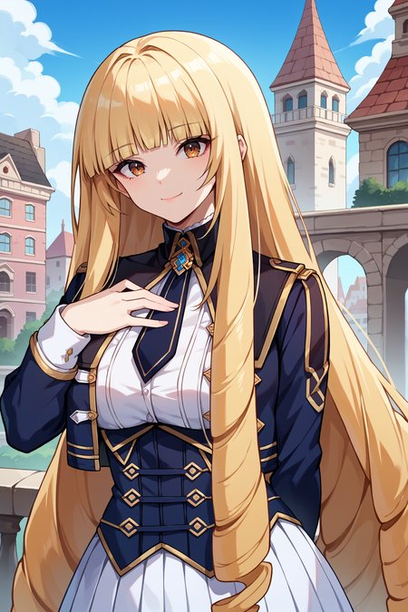 score_9, score_8_up, score_7_up, score_6_up, source_anime, 1girl, solo, <lora:roseoriana-pdxl-nvwls-v1-000006:1> r0se, blonde hair, very long hair, drill hair, blunt bangs, brown eyes, black jacket, cropped jacket, black necktie, white shirt, corset, white skirt, pleated skirt, black thighhighs, blue sky, upper body, portrait, big breasts, smile, happy, closed mouth, hand on own chest, arms at sides, victorian architecture, city, looking at you