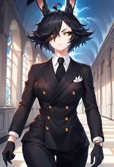 score_9, score_8_up, score_7_up,jovie,
BREAK,rabbit girl,monster girl,dark sclera,(flat breasts),mature woman,serious expression,short black hair,hair over eye,messy hair,(black fluffy rabbit ears:1.3),(pale skin),orange eyes,adjusting gloves,holding rectangular sunglasses,(double-breasted suits),elegant clothes,pocket watch,front angle,mansion scenery,indoors,hallway,(imposing vibes),night time,dynamic lightning,walking