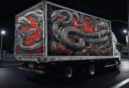 (masterpiece, best quality), highly detailed, ultra-detailed, (night), (city highway), (large truck), (truck bed side:1.3), (japanese tattoo style:1.4), (evil snake:1.5), (serpent scales), (detailed scales), (snake fangs), (glowing red eyes), (menacing), (dark color scheme), (headlights on), (streetlights:1.2), (motion blur:0.8), (high speed), (asphalt road), (reflections), (night atmosphere),Japanese truck