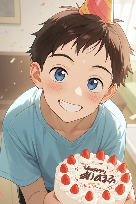 realistic shading, cute theme, holding a cake, male focus, leaning forward, looking at viewer, cute expressive face, naotafc, brown_naotafc_male hair, blue_naotafc_eyes, 1boy, party hat, happy, blush lines, shiny skin, wide smile, shirt, indoors living room, confetti, festive, dynami angle, intricately detailed illustration, depth of field, atmospheric perspective, masterpiece, best quality, amazing quality, very aesthetic, absurdres, newest, anime screencap