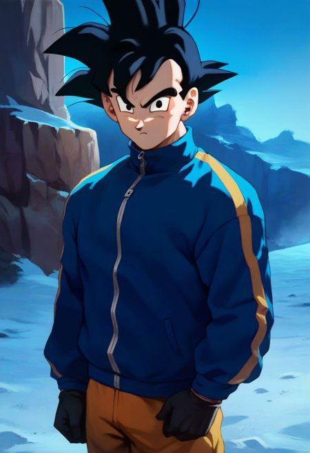 dbz_cc, score_9, score_8_up, score_7_up, score_6_up, solo, son goku, spiked hair, black hair, blue zip-up track jacket with turtleneck, black eyes, cowboy shot, winter, outside, standing, serious, zipper, looking at viewer, black gloves, orange pants