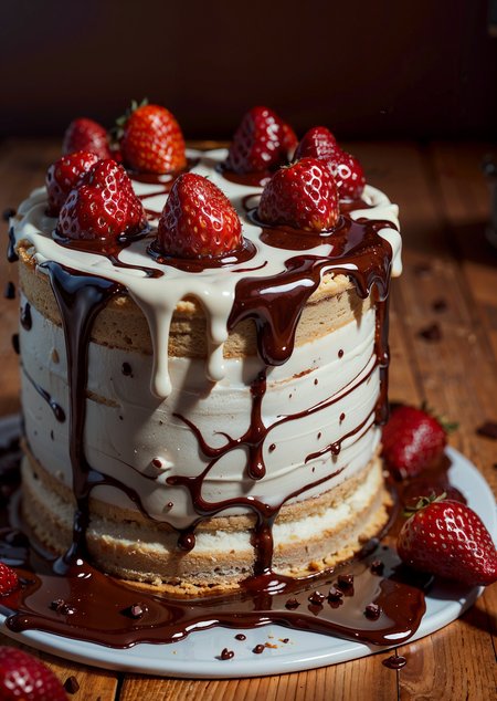 white cake, red strawberry, ((dripping chocolate)),  candy, (masterpiece),((ultra-detailed)), (highly detailed CG illustration),(expressionless), (best quality:1.2), High quality texture, intricate details, detailed texture, High quality shadow, Cinematic Light, Depth of field, light source contrast, perspective,20s, (ulzzang-6500-v1.1:0.5), <lora:epi_noiseoffset2:1>, <lora:add_detail:0.8>,
