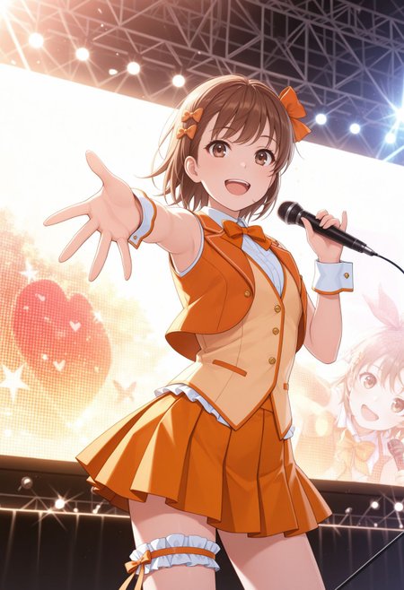 masterpiece,best quality,absurdres,highres,very aesthetic,high quality,detailed,insanely detailed,beautiful,perfect lighting, 
  1girl, brown hair, brown eyes, orange bow, pleated skirt, open mouth, wrist cuffs, microphone, stage, looking at viewer, orange bowtie, smile, hair bow, sleeveless, orange ribbon, standing, idol, outstretched arm, short hair, shirt, :d, vest, orange skirt, day, bridal garter, heart, outdoors <lora:Shirai illu:1>