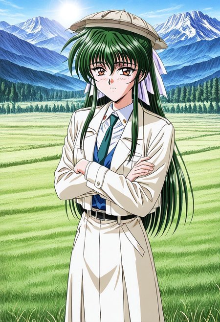 general,highres, ultra-detailed,very aesthetic,best quality ,best hands,masterpiece, best quality, newest, highres, score_9, score_8_up, score_7_up, source_anime, rating_explicit,1girl, yokota mamoru style,motion lines,,Very straight nose,slim,slender face,perfect nose,1990s (style)
Sendou Hitomi, Green Hair, Sidehair, Waist Length Hair,Amber Eyes,Necktie, Ribbon Hair Tie
Pakol Hat,Peacock feathers on pakol
 anime screencap,wearing Pakol Hat,meadow,sun,from above,cowboy shot,tree
mountain valley, rugged mountains