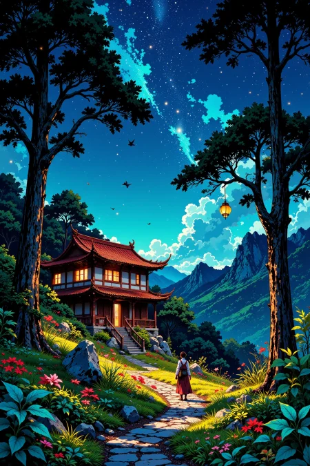 a house in the woods beautiful landscape, bright luminous starry night, woman, very intricate, very detailed, sharp, bright, colorful, <lora:Hand v2:0.5> <lora:Anti-Blur:1><lora:Insane Detail Slider:0.25>  <lora:flux.1_lora_flyway_Epic-detail_v2:0.3> <lora:fluxenhancer:0.25> <lora:ROWER:0.6> <lora:flux-charmer-v1-1:0.4><lora:Vibrantly_Sharp_style_v.5:0.4> <lora:realanime:0.7> <lora:Chinese_Ink:0.3> chinese ink style