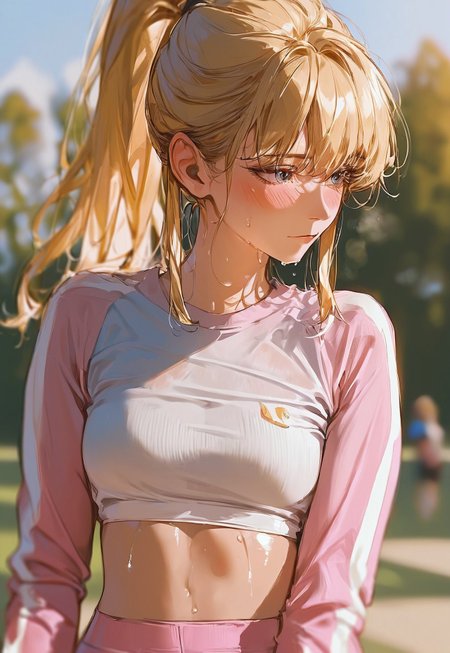 Score_9, score_8_up, score_7_up, score_6_up, score_5_up, score_4_up, 
((Best Quality)) (masterpiece) (details), sweat, sweating, shiny skin, dripping, 1girl, 
High ponytail, blonde hair, crop top with long sleeves, leggings, outdoors, mature female, beautiful detailed face and eyes, cute face, bangs long bangs, sport wear, Art8st, color theory, medium length face framing layers with bangs, tight clothes, depth of field, underwear, solo, semi-realistic, blushing, 