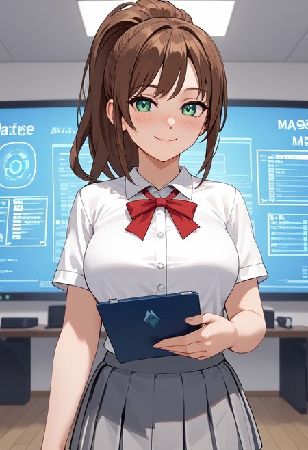score_4,score_5,score_6,score_7_up,score_8_up,score_9 ((masterpiece,best quality,ultra detailed,highres,HD,4k:1.2)), 
1 cute girl,solo,girl focus,solo focus,face focus,
indoors,
brown hair, long hair, ponytail, sidelocks, green eyes,large breasts,
school uniform,Red ribbon, grey skirt, short sleeves, white shirt,
holographic interface,holding clipboard, indoors, smile,light smile,looking at viewer,
smile,happy,closed mouth,blush,