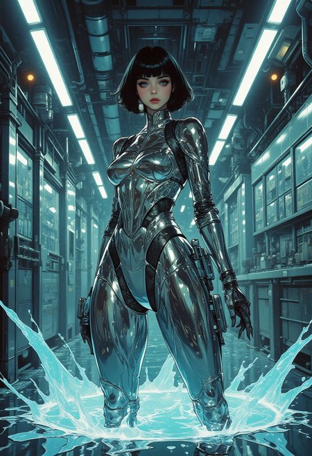 (c0mix2, anime, cyberpunk, Stylized digital illustration with a yshinkawa cyberpunk aesthetic, showcasing a full-body female character with a bob cut and black hair, wearing a reflective chrome bodysuit. Digital illustration in a manga-inspired, dark, and gritty yshinkawa style. The artwork features a solo girl with perky breasts, wide waist, and thick thighs, clad in a high-shine, light-catching suit with a mirror-like finish and liquid chrome texture. She stands waist-deep in a molten silver pool, surrounded by splashing liquid metal, rippling reflections, and shimmering surface tension. The scene glows with radiant lighting, sharp highlights, and dramatic contrast, emphasizing the sleek sculpted contours of her futuristic fashion. The composition captures cyberpunk elegance and surreal fluid dynamics, rendered with precision lighting, hyperrealism, intricate material detail, and soft background bokeh.)