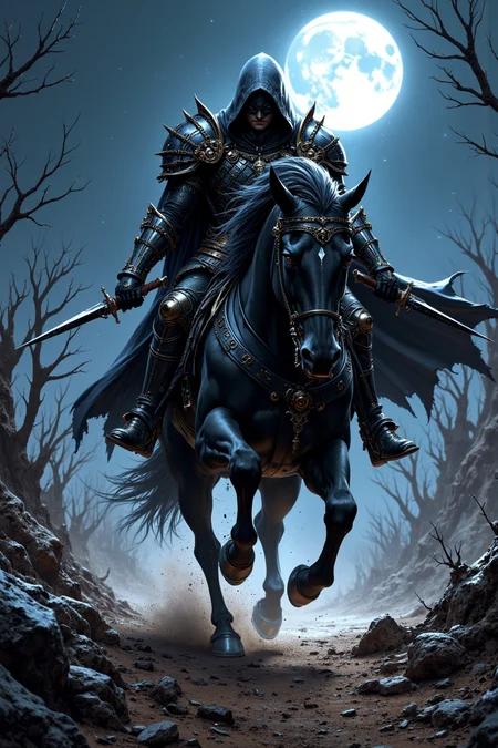 Under the eerie glow of a full moon, a shadowy assassin rides a powerful black warhorse across a desolate wilderness. The assassin is dressed in dark, stealthy armor that glistens subtly in the moonlight, designed for both agility and protection. He grips a pair of gleaming daggers in his hands, each blade reflecting the silvery light of the moon. The assassin's face is partially obscured by a hood, but his intense, piercing eyes are visible, conveying a sense of fierce determination and focus.
The warhorse, heavily armored with black steel plates, moves with swift grace and strength, its muscles rippling under the moonlight. Its eyes are sharp and vigilant, and its breath is visible in the cold night air. The barren landscape around them is dotted with jagged rocks and sparse, twisted trees, casting long, dramatic shadows across the ground. Dust and debris swirl around their hooves, creating an impression of speed and urgency.
The scene is captured in high contrast and vibrant colors, with intricate details highlighting the textures of the assassinâs armor, the horse's sleek coat, and the rugged terrain. The atmosphere is tense and dynamic, evoking a sense of impending action in a hyper-realistic, surreal style.
<lora:FluxMythP0rtr4itStyle:0.75> mythp0rt,
<lora:edgy_fashionista_flux_ntc_v2:0.6>,
<lora:bokeh_flux_ntc:0.6>,
<lora:detailed_flux_ntc:0.75> ,