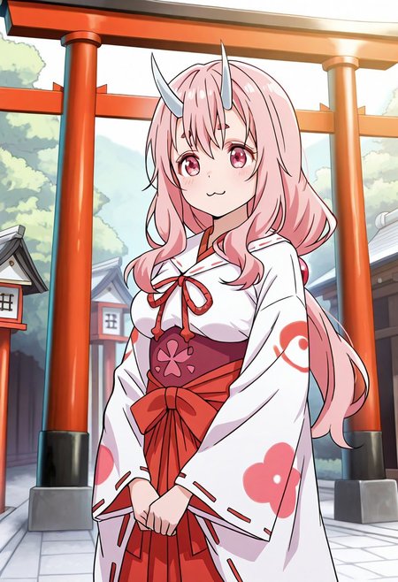 solo, woman, shuna, oni, long hair, pink hair, pink eyes, white horns, miko, white kimono, red ribbon, ribbon-trimmed sleeves, underbust, red hakama, :3, torii gate, outdoor, high quality, best quality, masterpiece, 4k resolution, anime
