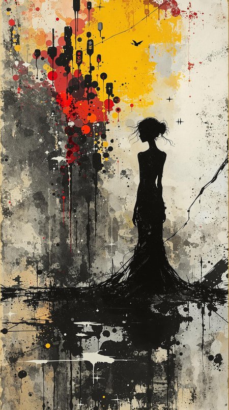 surreal minimalis art, by Ashley Wood, deep meaningful context backgrounds, young woman,