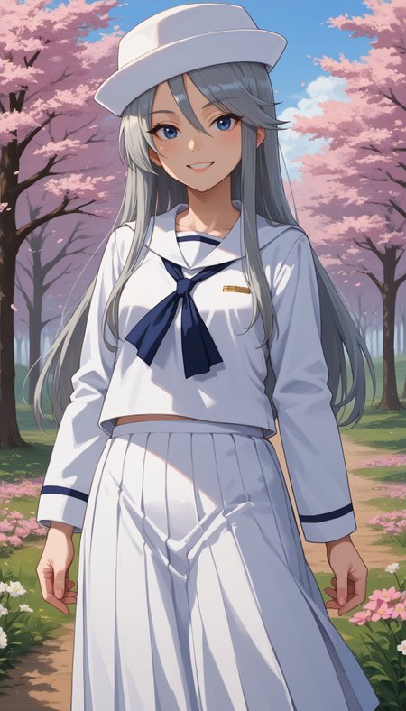 score_9, score_8_up, score_7_up, source_anime,
,outdoors,cherry blossoms,standing,cowboy shot,smile, flower field,
 <lora:GUPFlint:1> gupflint, 1girl, long hair, grey hair, blue eyes, dixie cup hat, military hat, white headwear, long sleeves, white shirt, school uniform, sailor collar, pleated skirt, white skirt, long skirt, blouse