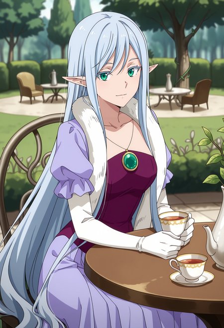 anime screencap, masterpiece, best quality,
<lora:TenSura_ElmesiaElRuSarion_IlluXL:0.9>,
1girl, solo, light smile,
very long hair, multicolored hair, grey hair, blue hair, green eyes, colored eyelashes, pointy ears,
boa, fur trim, mutlicolored dress, purple dress, collarbone, pendant, puffy short sleeves, long sleeves over short, white gloves, long skirt,
holding, cup, teacup,
sitting, looking at viewer, cowboy shot,
blurry background, outdoors, nature, vines, garden, tree, plant, chair, table