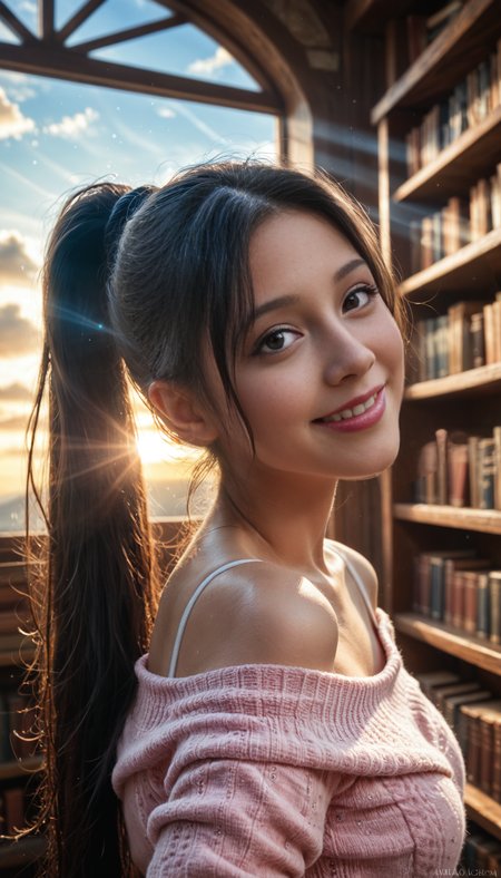 score_9, score_8_up, score_7_up, Raw Photo, Portrait, girl, french girl, cute, seductive, innocent, light smile:0.3, plump lips, slender body, long pale pink sweater falling off her shoulder,  (very long black hair ponytail with bangs:1.5, soft and thin hair real look:1.2), (perfect sky blue eyes:1.8), medium breasts,  skinny,  looking at the viewer, (detailed background indoor, ancient library, shelves with books), depth of field, photo realistic:1.8, realistic skin:1.8, fashion photography, sharp, analog film grain, hyperdetailed:1.6, <lora:Dramatic Lighting Slider:1.5>, (dramatic lighting:1.6), <lora:Pony Realism Slider:2.95> (highly realistic:1.85), small particles of dust sparkle in the air, glossy natural lips:1.2, (face closeup:1.6), (soft sweet smile:1.4)
