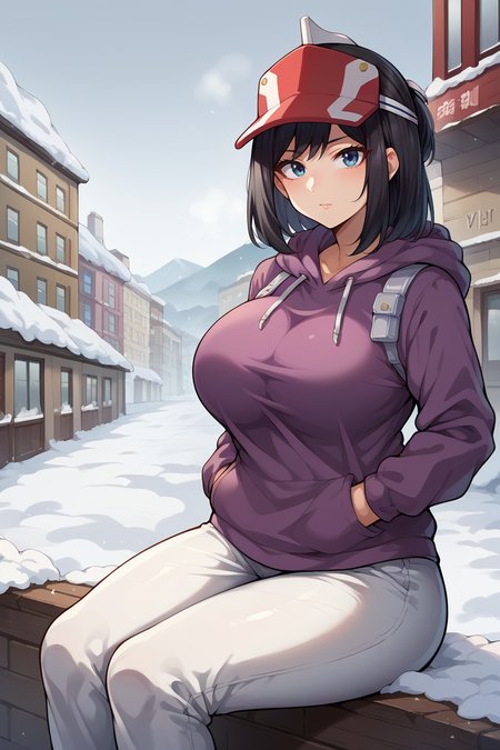 score_9, score_8_up, score_7_up, score_6_up, source_anime BREAK 1girl, solo  <lora:kodaiyui-pdxl-nvwls-v1-000005:1> kodaiyui, black hair, red visor cap, purple hoodie, white pants, sitting, big breasts, hands in pockets, looking at you, winter, snow, city, grey sky