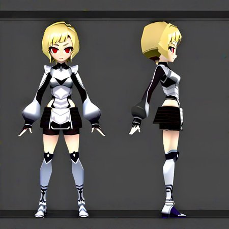 1girl, blonde short hair, red eyes, white armor shirt,  black short shirt, white short skirt,   white long boots, villainess, slim body, small breasts, ps1 style, 3d, model sheet, multiple views of the same character,model sheet,chatacter sheet, simple background