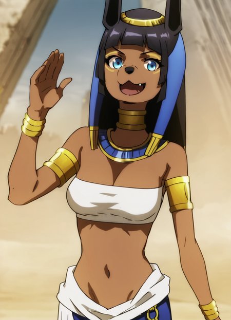 <lora:ANBS-02Pony1.0:0.9> anbs-02, headdress, 1girl, dark-skinned female, solo, egyptian,fang,skirt,black hair, egyptian clothes, jackal ears, jewelry, long hair, furry female, blue eyes, bangs, breasts, blunt bangs, bracelet, armlet, navel,    score_9, score_8_up, score_7_up, score_6_up, score_5_up, score_4_up, looking at viewer,smile, open mouth, simple background,