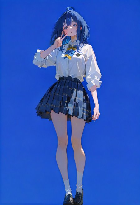 perfect quality,high quality,masterpiece,absolutely eye-catching,ambient occlusion,raytracing,
front view,full_shot,
1girl,blue eyes,blue hair,medium hair,long hair,ahoge,school uniform,school uniform,white shirt,collared shirt,blue bowtie,yellow bowtie,Yanami Anna Cyql,
full body,standing,inward v,
steelblue background,simple background,
qxys,748cmstyle,EtherStyle,<lora:spo_sdxl_10ep_4k-data_lora_webui:0.7>,<lora:96YOTTEA-WAI:0.3>,<lora:illustrious_all_rated_v1:0.7>,<lora:748cmSDXL:0.9>,<lora:EtherSDXL:0.5>,<lora:lora:0.8>,