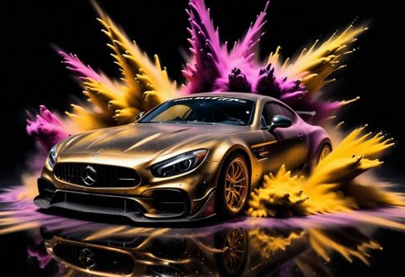 GOLD LIQUID METAL sports car, race car, racing through SILVER LIQUID METAL, liquid metal sprays up from the cars tyres, Car drifting in a black void, huge Colorful Powder Explosion above the car