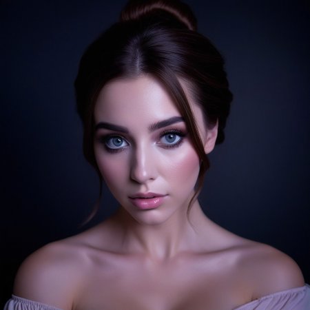 A beautiful young woman with fair, porcelain-like skin and brown hair styled in a soft, elegant low bun with a few loose strands framing her face. She has striking, large grey eyes with long eyelashes, subtle eyeshadow, defined brows, and softly blushed cheeks. Her lips are full with a natural pink gloss. She is wearing a light pastel off-shoulder top, revealing her shoulders and upper chest down to the cleavage. The image is composed from head to cleavage, with dramatic, soft lighting highlighting her features against a dark background. Moody atmosphere, high contrast, hyper-realistic, high detail, studio portrait, front-facing, centered composition