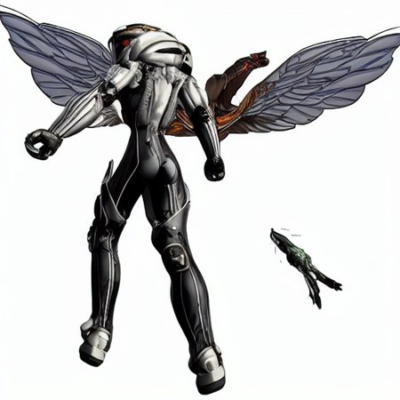 A side view of Kelly O'Lenmey in partial gearsuit armor with wings extended holding a gun pointed up