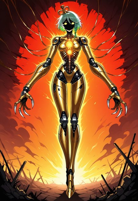 masterpiece, best quality, highres, BREAK, 1girl, solo, cecilia immergreen, NMIEXE, mechanical arms, mechanical legs, scrap metal, cyborg, long arms, long legs, broad shoulders, sharp claws, shaded face, glowing eyes, gearform, gear transformation, ribcage, horror /(theme/)