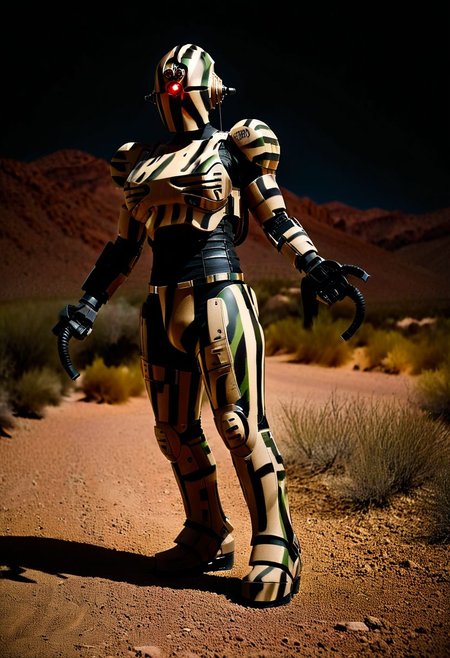 easynegative, extremely detailed, dark, chiaroscuro, low-key, AssaultronCosplay, zavy-strps, ral-camo, a brown assaultron robot, ((the assaultron has tan stripes painted on its armor)), ((tiger stripe pattern)), in the deserts of Arizona