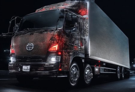 (masterpiece, best quality), highly detailed, ultra-detailed, (night), (city highway), (large truck), (truck bed side:1.3), (japanese tattoo style:1.4), (evil snake:1.5), (serpent scales), (detailed scales), (snake fangs), (glowing red eyes), (menacing), (dark color scheme), (headlights on), (streetlights:1.2), (motion blur:0.8), (high speed), (asphalt road), (reflections), (night atmosphere),Japanese truck