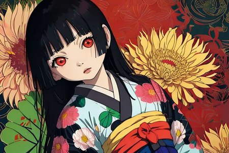 Enma Ai, 1girl, chrysanthemum, flower, solo, japanese clothes, long hair, kimono, yellow flower, butterfly, hair spread out, sash, floral print, black hair, hair down, red eyes, lying, obi, orange flower, bangs, on back, kikumon, spider lily, pink flower, colorful, red flower, blunt bangs, blue flower, looking at viewer, parted lips, butterfly print, print kimono, long sleeves, pale skin, wide sleeves, from above, <lora:Enma Ai:0.8>, river, night
