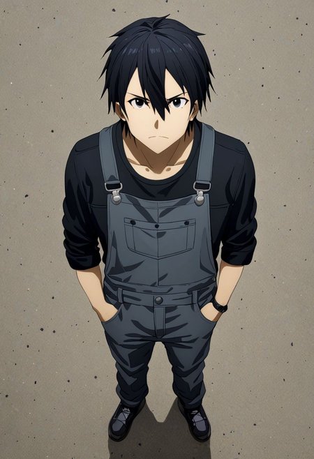 high resolution, professional photography, best quality, 1Boy, Kirigaya Kazuto, Black Hair, Black Eyes, overalldetail, standing, straight facing upwards, casual, seen from above, arrogant face, dominant, intimidate