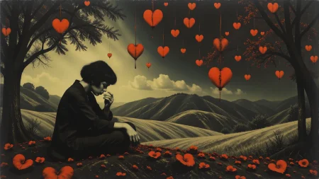 a solitary very sad person crying suffering the melancholy of love lost, broken heart, broken hearts, broken paper, melancholic sad landscape, woman, very intricate, very detailed, sharp, bright, colorful, <lora:Hand v2:0.5> <lora:Anti-Blur:1><lora:Insane Detail Slider:0.25>  <lora:flux.1_lora_flyway_Epic-detail_v2:0.3> <lora:fluxenhancer:0.25> <lora:Moody_Time:0.9>