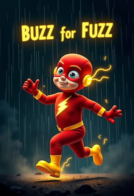 the flash is running slowly, above him there's a sentence says : "BUZZ for FUZZ", rain, yellow lightning, dark night, thunder, yellow the flash logo, motion lines