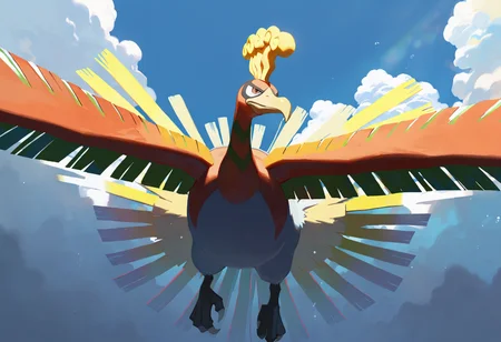 artist:ciloranko,artist:modare,artist:diyokama, astero, scenery, pokemon \(creature\),
best quality, amazing quality, very aesthetic, absurdres, best quality, masterpiece, newest,
underwater,
ho-oh, flying, no humans
blue sky, cloud, sunray, Cinematic Lighting, light particles  <lora:AsteroIllustriousXL_byKonan:1>