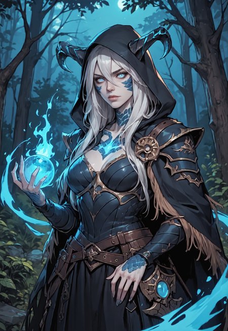 safe_pos, ((zPDXL3)), score_9, score_8_up, score_7_up, score_6_up, score_5_up, score_4_up,
1girl, solo, Adult Woman, Slender Build, pale skin, very-long hair, wild hair, hair between eyes, looking at viewer, pale blue eyes, slit pupils, black pupils, plain expression, medium breast, white hair, (extremely detailed face and eyes), closed mouth, collarbone, outdoors, tree, night, nature, leather armor, forest, in tree, hood, fur cloak, horns, large horns, jewelry on horns, face scales, neck scales, shoulder scales, casting spell, blue energy, blue ball, glowing blue fire, blue scales, black dragon, dragon girl,