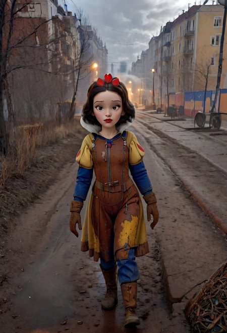 Rusted, rusted landscape, an adult Disney princess Snow White,  wearing a Hazmat suit, walking on a side walk in a run down russian city, smoke, chem trails, extreme close-up, portrait, raw, masterpiece, extreme insanely realistic detailed and intricate, extreme realistic detail, doomer aesthetics, depressing feelings, night, panelka,vintage painting,painting,realism,