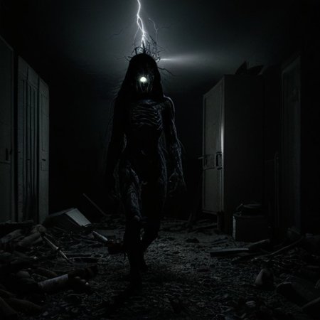 horror scene, knife, indoors, night time, gore, glowing eyes, evil, evil demon, soft errie dim lighting giving just enough light to see the danger ahead, even though it is night and dark there are multiple light sources throughout the scene so it is not overly dark. Horror cinematic lightning. terrifying level 12 out of 10