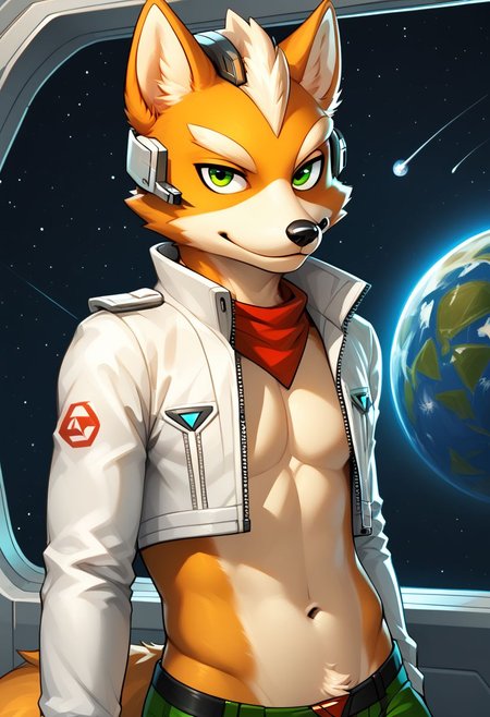 score_9, score_8_up, score_7_up, score_6_up, score_5_up, score_4_up, (Furry:1.1), (anthro:1.1), (sexy:1.2) Fox McCloud, spaceship, male, solo, midriff, (navel:1.1), green eyes, seductive look, source_furry