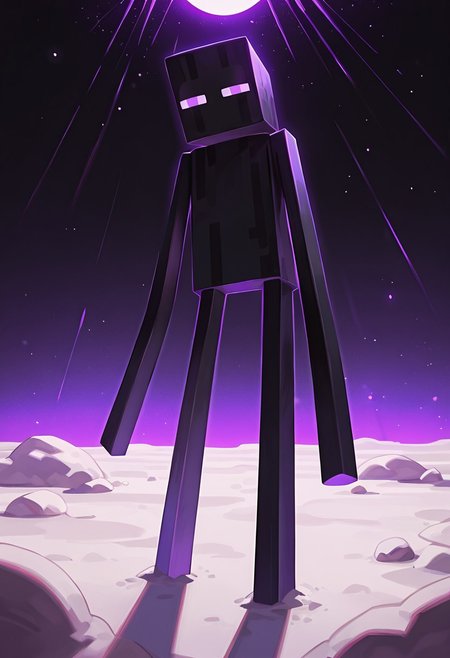 masterpiece, best quality, amazing quality, very aesthetic, absurdres, newest, , detailed background, 
klskx
enderman, no humans, purple eyes, rectangle eyes, , solo, male focus, black skin, no mouth, square head, square body, black head , pokemon (creature), 
in space, standing still, moon surface, black pillars in background, white sand, black sky, purple light rays,