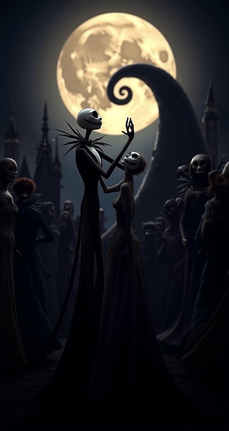 Jack Skellington at a masquerade ball, elegantly dressed in a black and white tuxedo with a bat-winged mask, dancing with a mysterious figure in a long, flowing gown, while other masked guests watch from the shadows, all under the glow of a giant, full moon.
